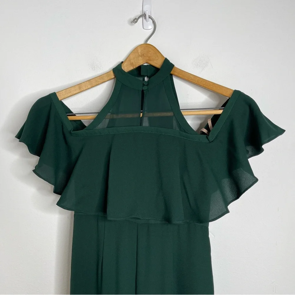FAME& PARTNERS Green The Ellis Jumpsuit Flare Leg Size 2 Ruffle